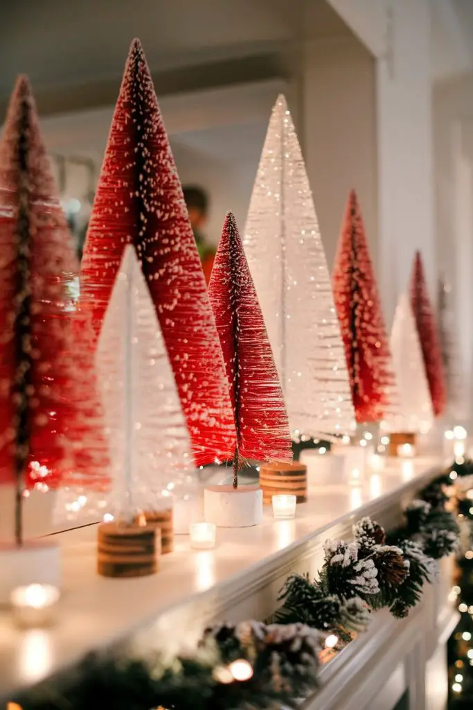 Mini Red and White Trees on the Mantel