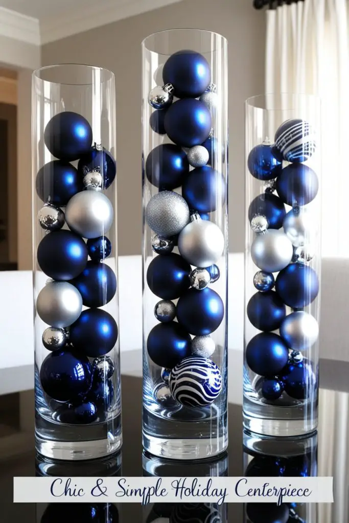 Navy Blue Ornaments in Clear Glass Vases