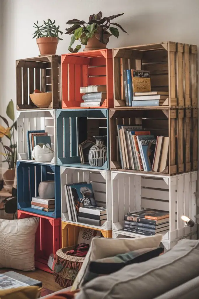 Repurpose Wooden Crates as Shelving