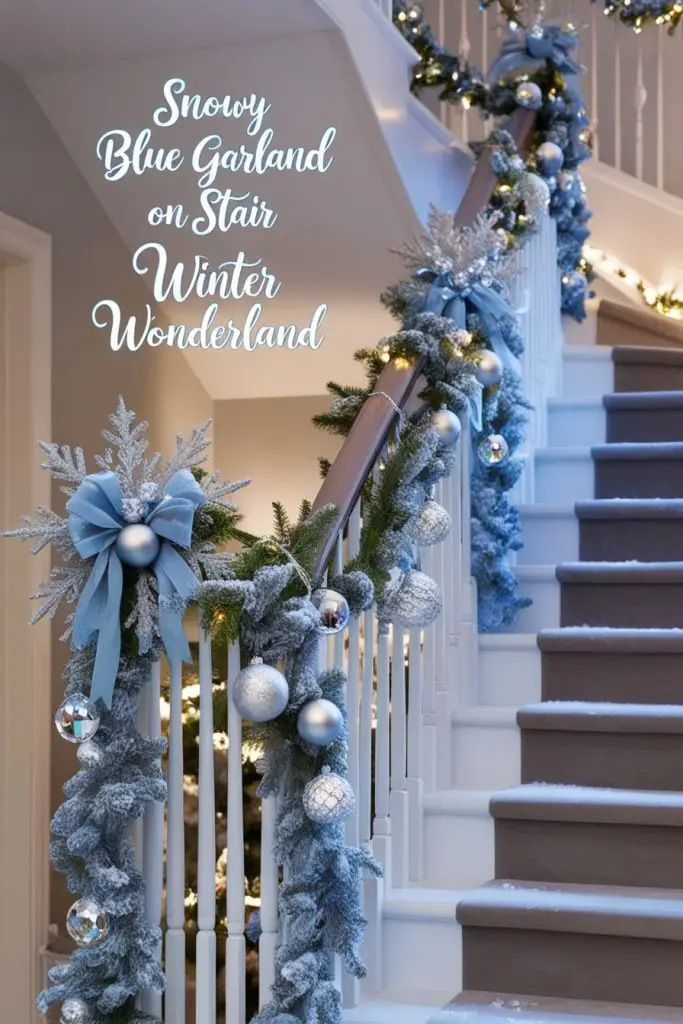 Snowy Blue Garland on Stair Railings