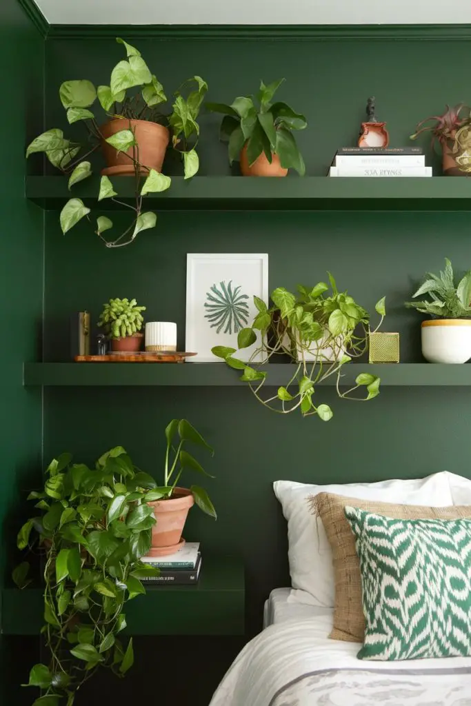 Emerald Green Floating Shelves with Plants