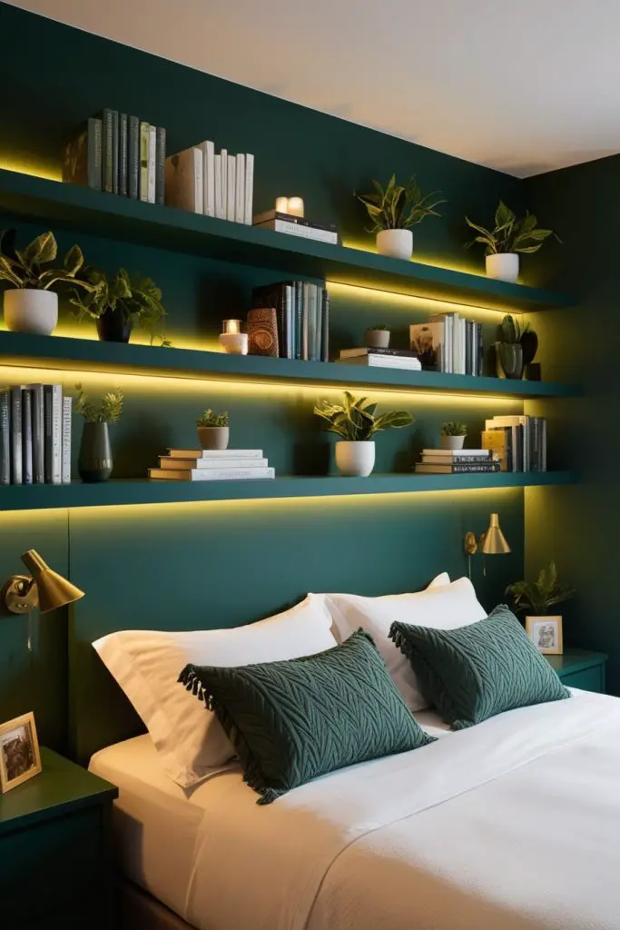 Forest Green Floating Shelves with Soft Lighting