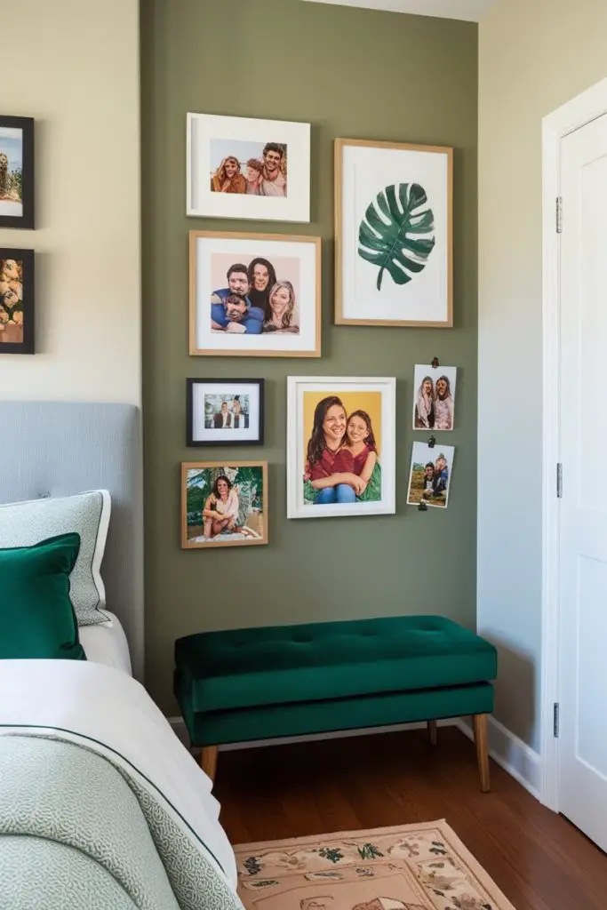 Forest Green Upholstered Bench Under a Gallery Wall