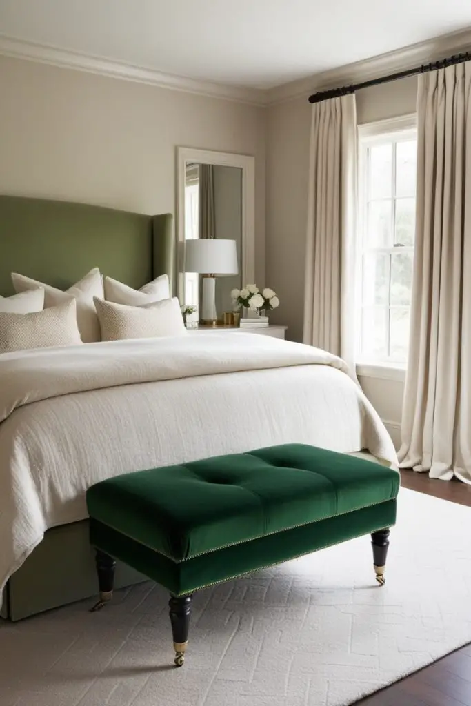 Forest Green Velvet Ottoman at the Foot of the Bed