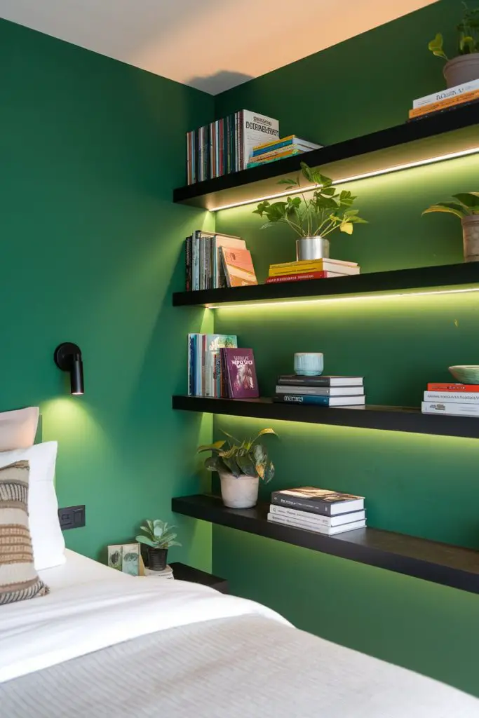 Green Accent Wall with Black Shelves