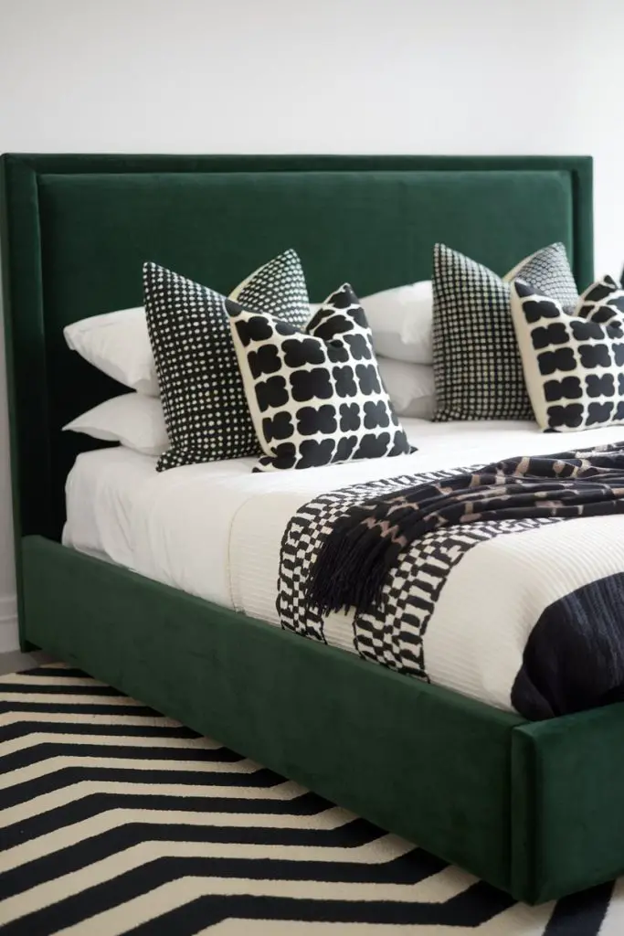 Green Upholstered Bed with Black and White Patterns