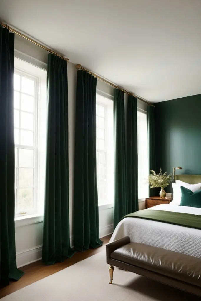 Hunter Green Drapes with Brass Hardware