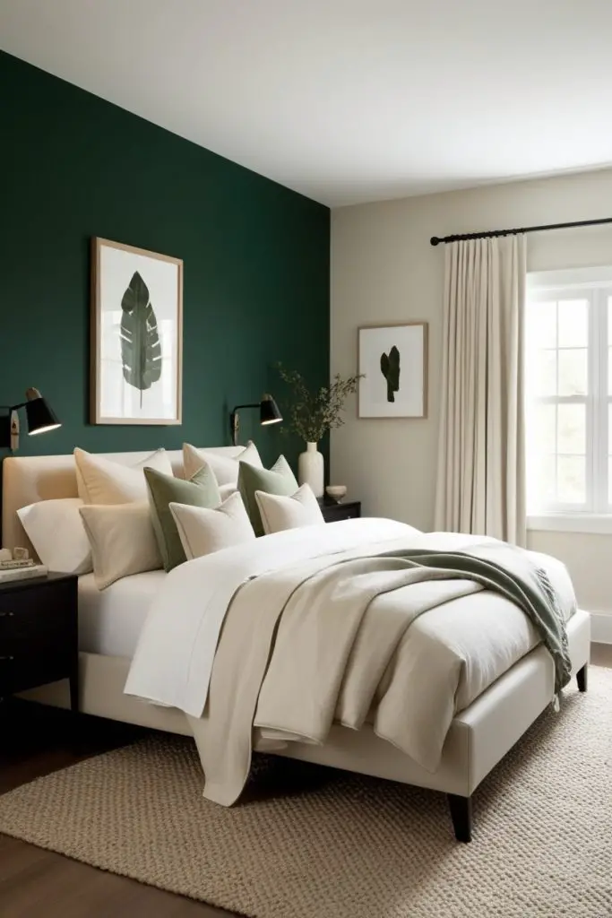 Hunter Green Feature Wall with Soft Neutrals