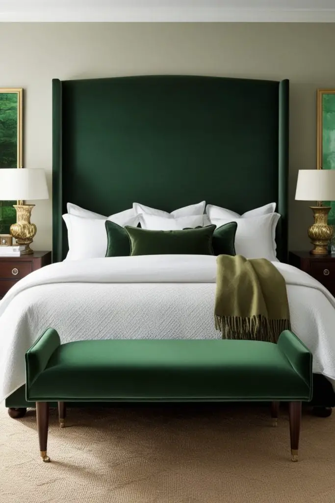 Hunter Green Upholstered Bench at the Foot of the Bed