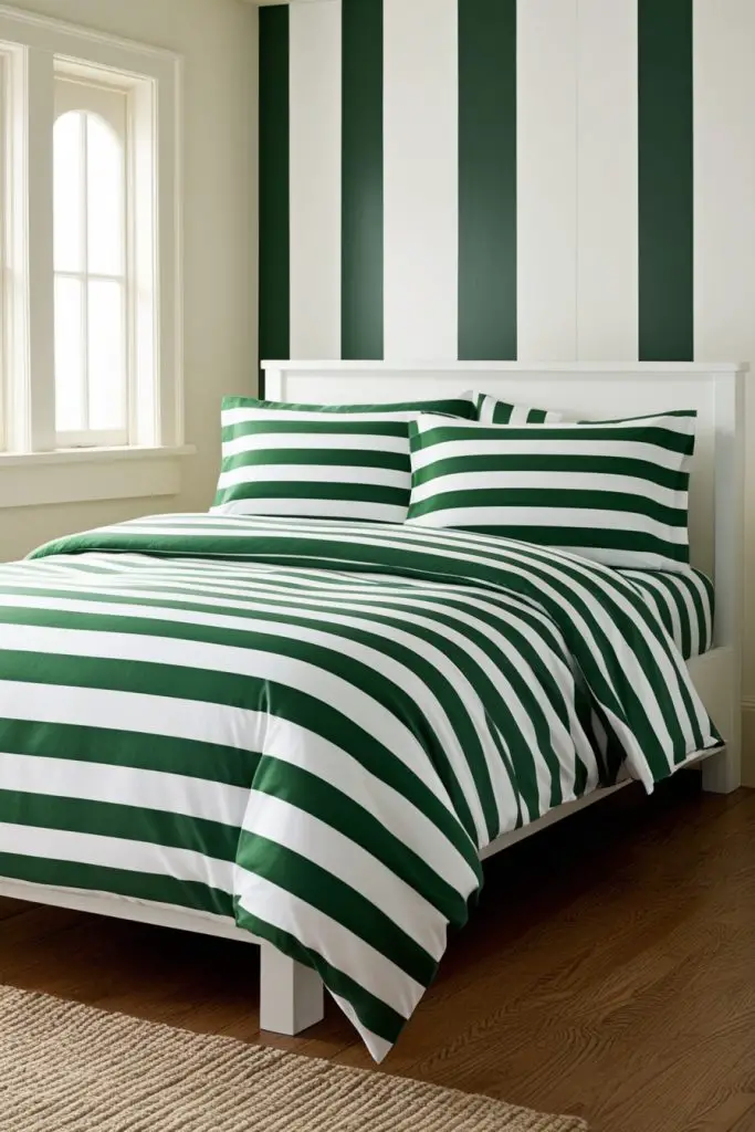 Hunter Green and White Striped Bedding