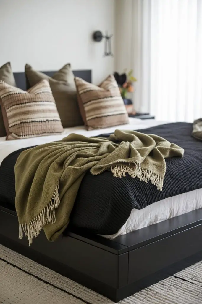 Olive Green Throw Blankets on Black Bedding