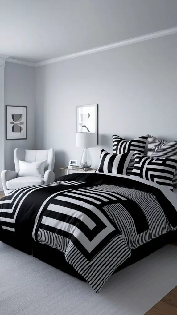 Black Bedding with Bold Patterns