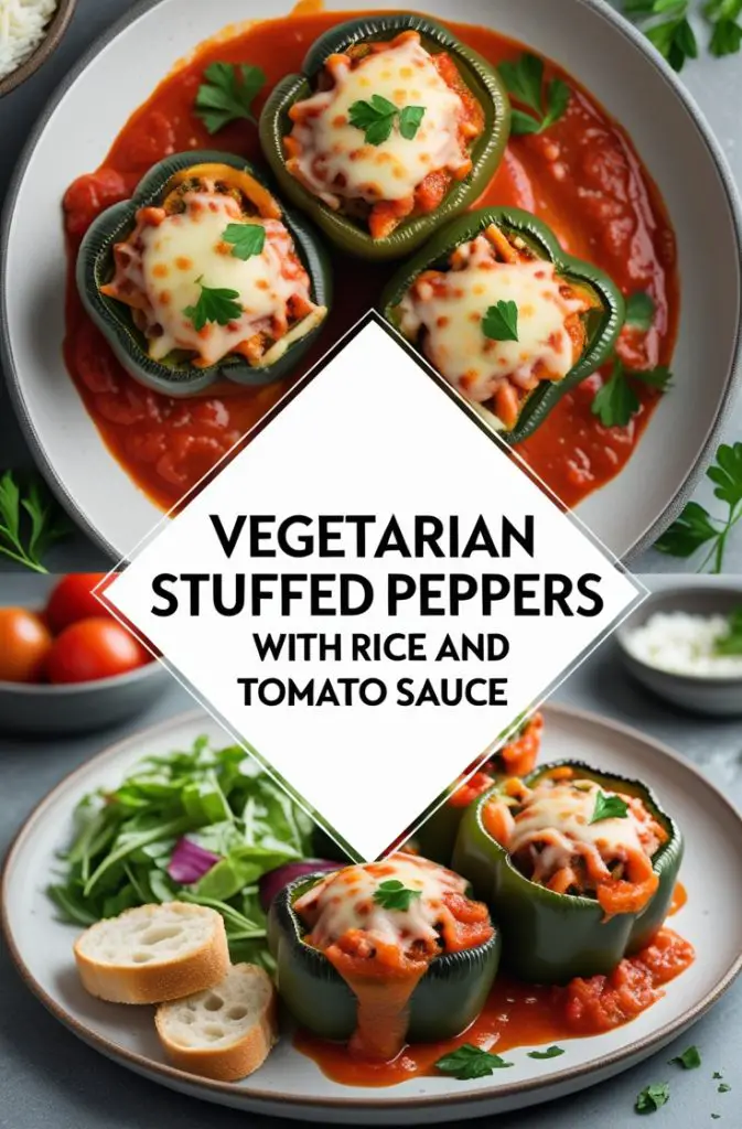 Vegetarian stuffed peppers with rice and tomato sauce 