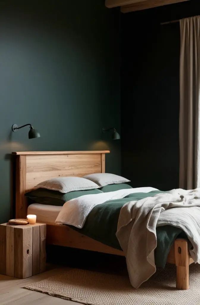 Dark Forest Green Walls with Warm Wooden Accents