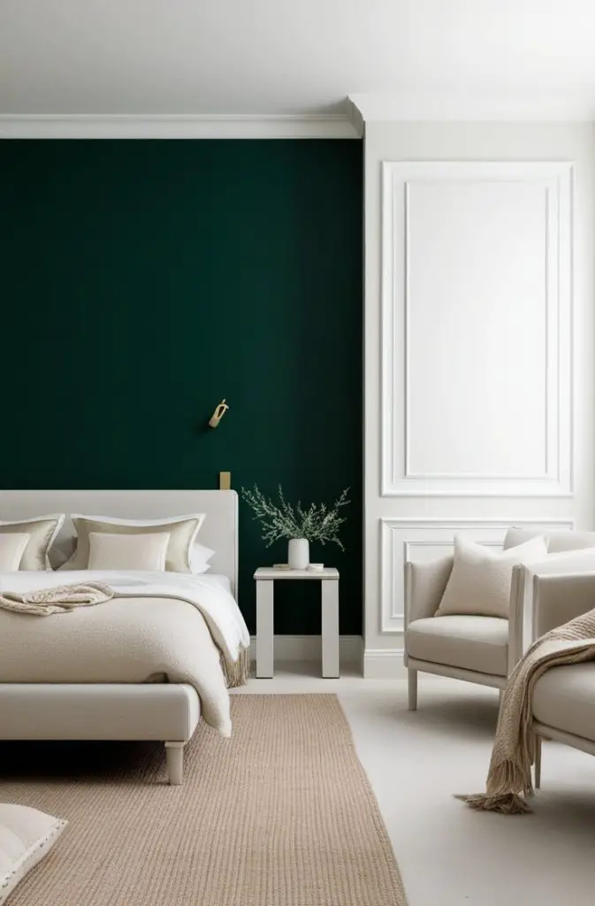 Dark Green Accent Wall with White Trim