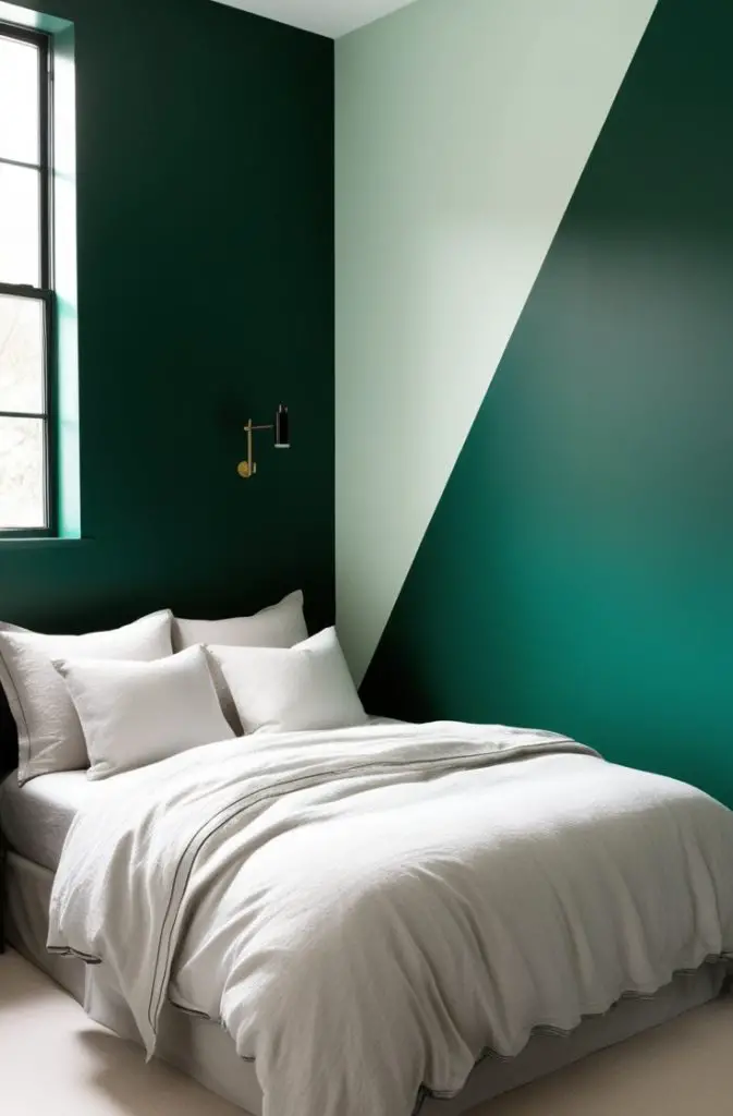 Emerald Green Accent Wall with Neutral Bedding