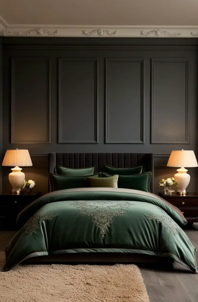 Grey Paneling with Green Bedding