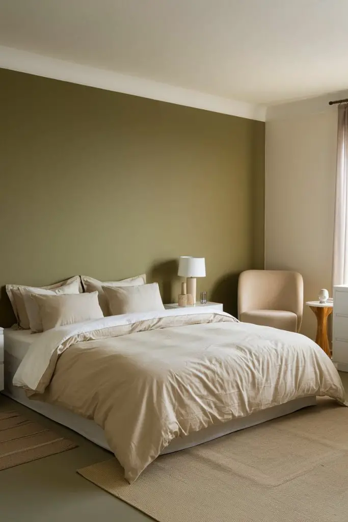 Olive Green Accent Wall with Soft Bedding