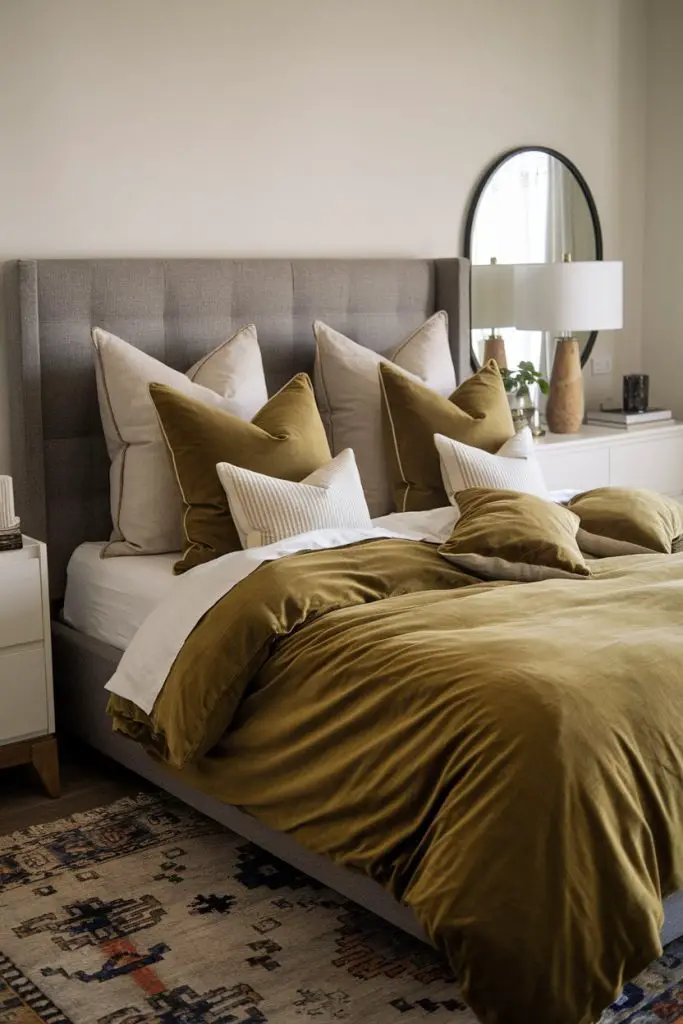 Olive Green Bedding with Neutral Pillows