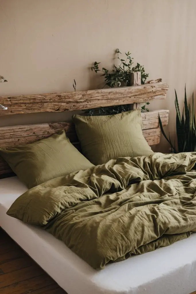 Olive Green Bedding with Wooden Headboard