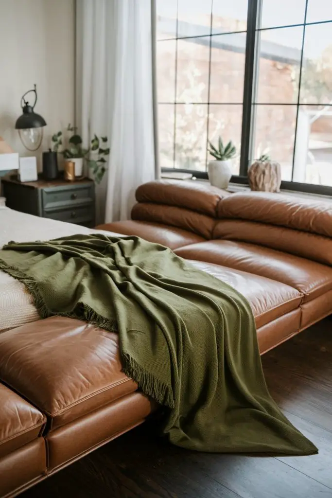 Olive Green Throw Blanket and Leather Furniture