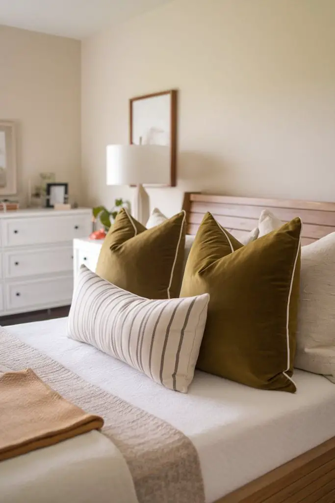 Olive Green Throw Pillows with a Neutral Sofa