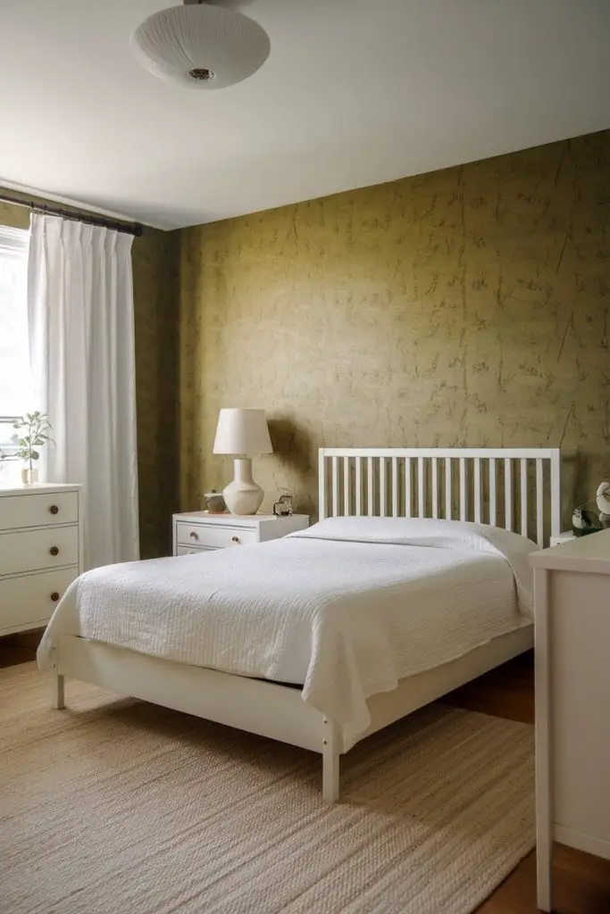 Olive Green Wallpaper with White Furniture