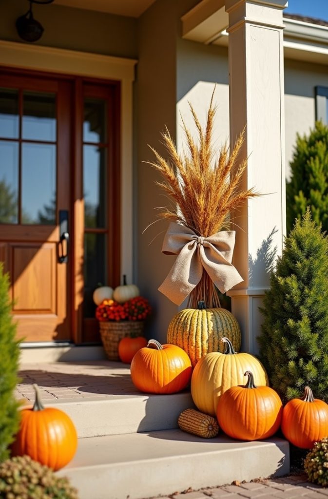 Cornstalk and Pumpkin Porch Display