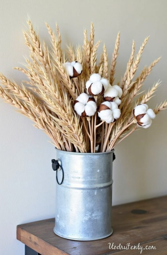 Galvanized Metal Vase with Wheat Stalks