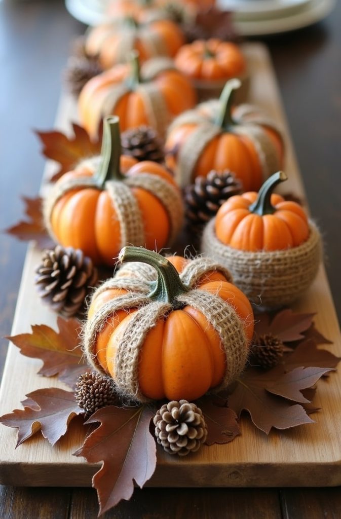 Pumpkin Centerpiece with Burlap and Twine