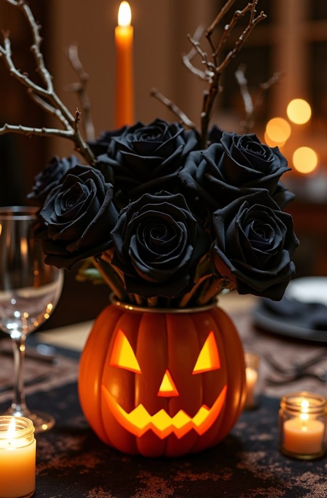Pumpkin Vase with Black Roses