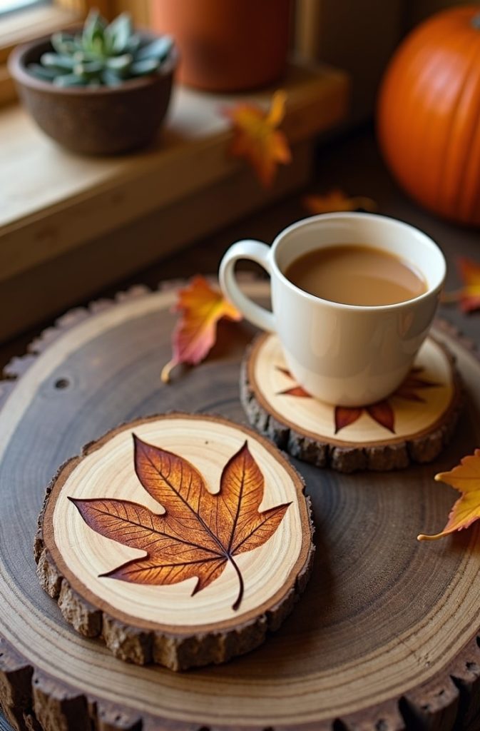 Wood Slice Coasters with Leaf Motifs