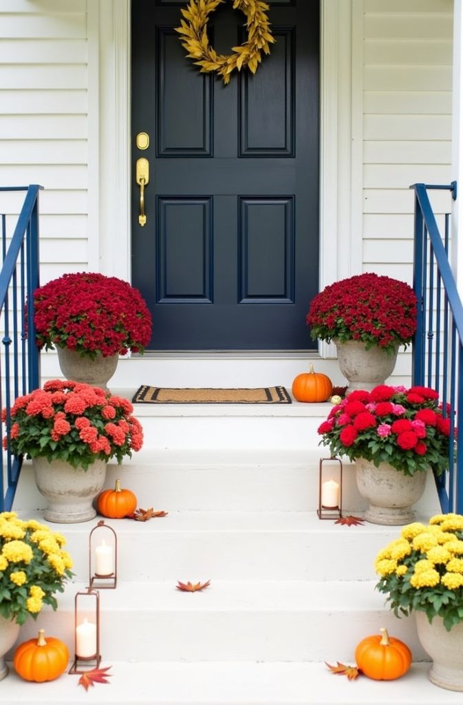 Design a Front Porch Focal Point with Mums and Lanterns