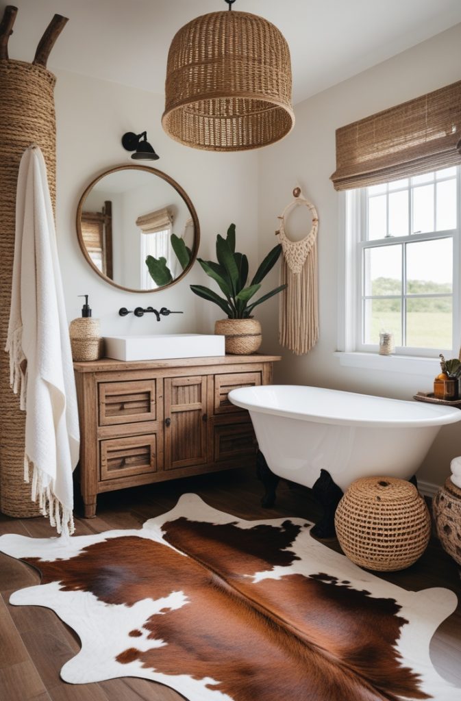 Add Cowhide Rugs for a Western Farmhouse Bathroom Accent