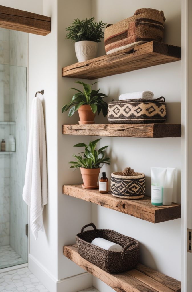 Add Rustic Wood Shelves for a Boho Ranch-Style Bathroom