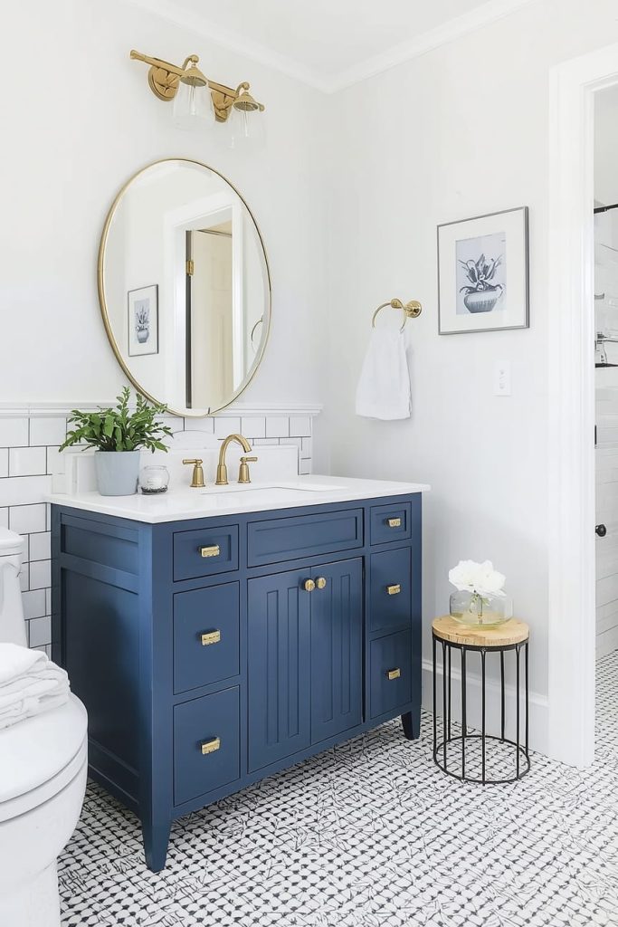 Dark Blue Bathroom with Gold Hardware for Luxury Appeal