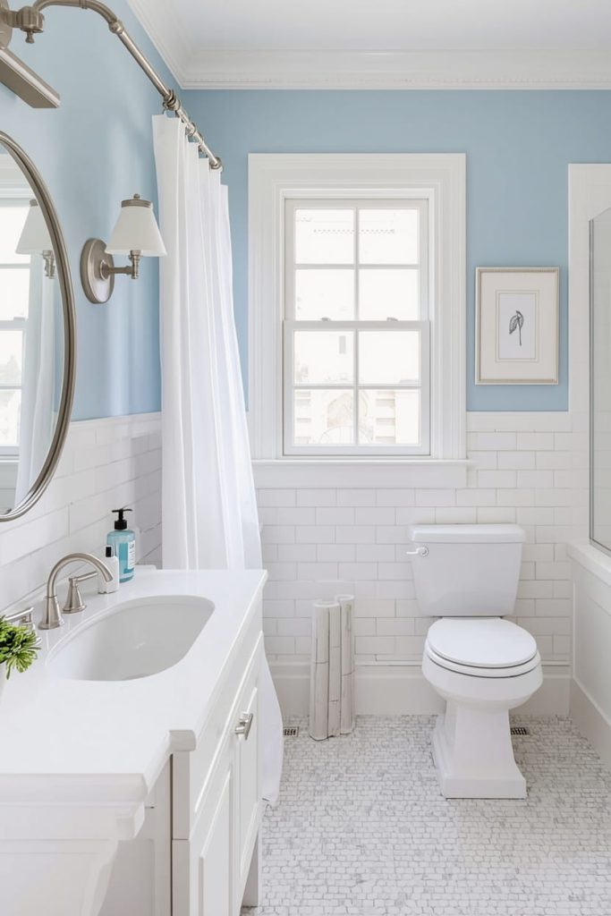 Farmhouse Blue Bathroom with Rustic Charm