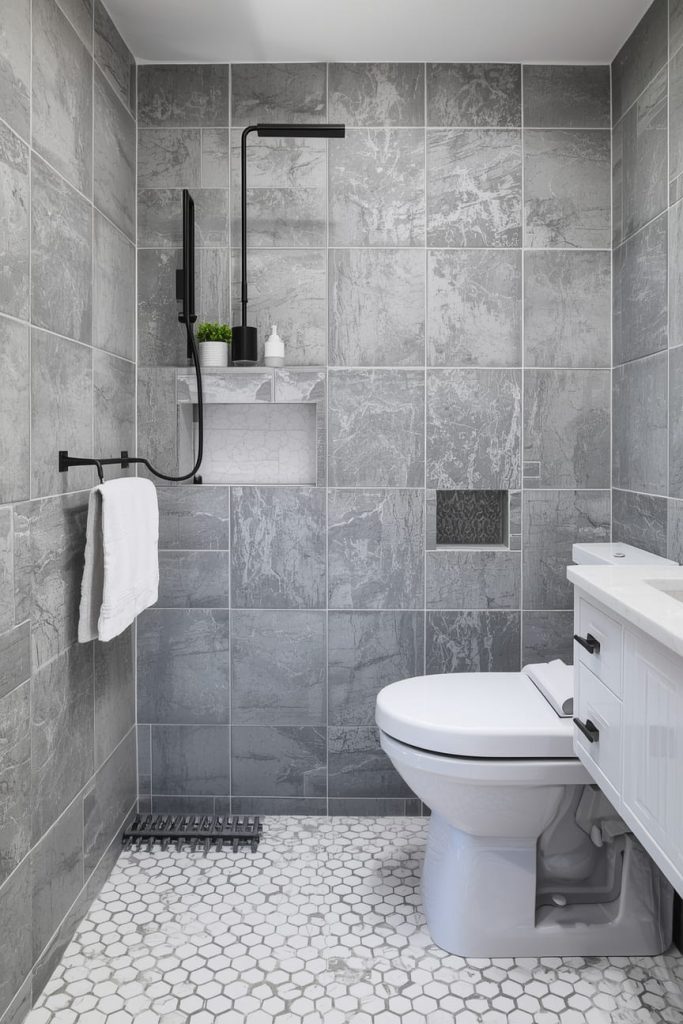 Gray Bathroom with Brass or Gold Fixtures