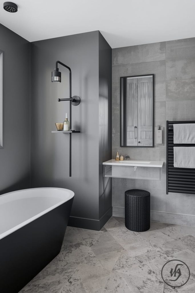 Gray Bathroom with Wood Accents for Warmth