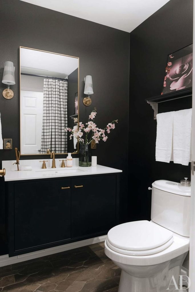 Modern Dark Bathroom with Wood Accents