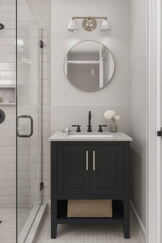 Neutral Bathroom with Wood Accents