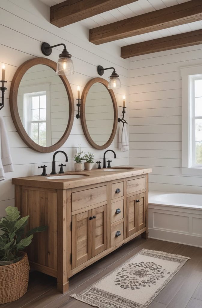 Farmhouse Large Half Bathroom with Wood Accents