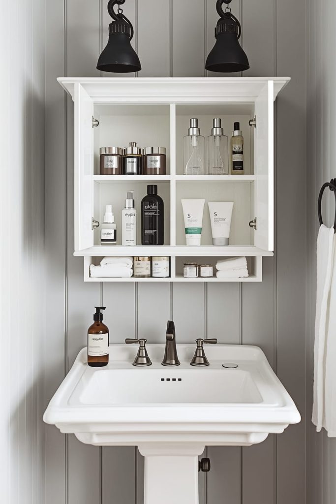 Floating Shelves Above the Pedestal Sink
