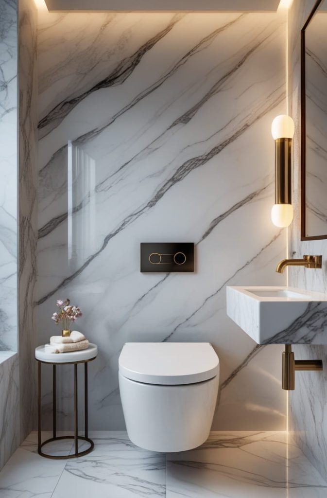 Luxury Wall-Mounted Toilet Design with Marble Wall