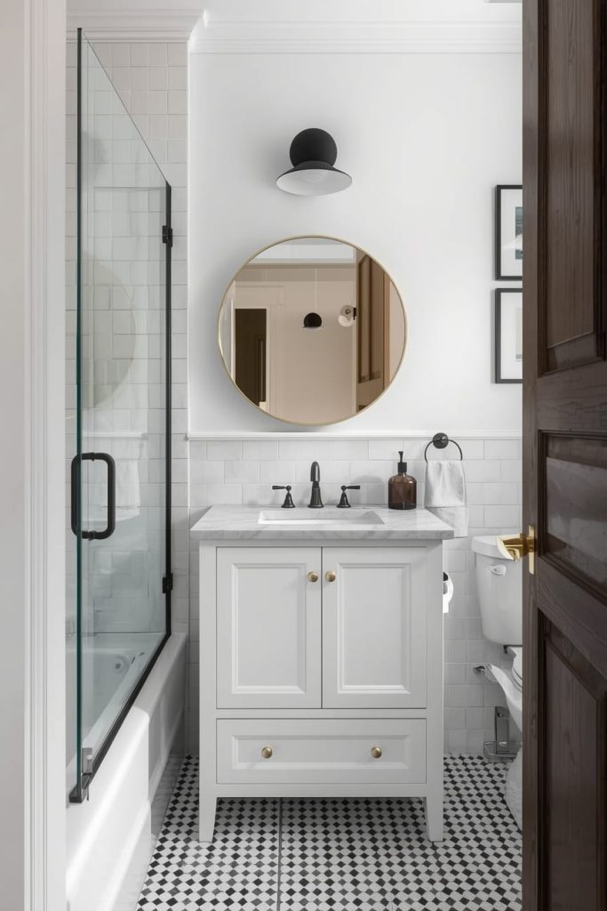 Minimalist Large Powder Room with Neutral Palette