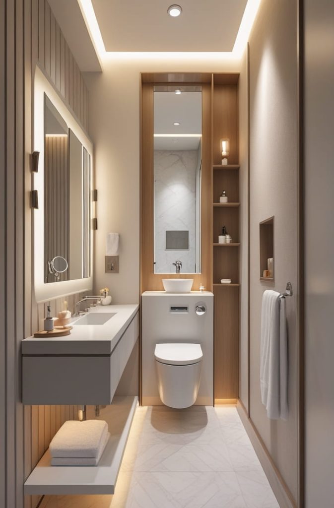 Narrow Powder Room Design with Smart Layout