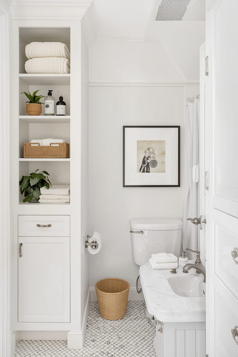 Narrow Powder Room Ideas with Large Mirror Illusion