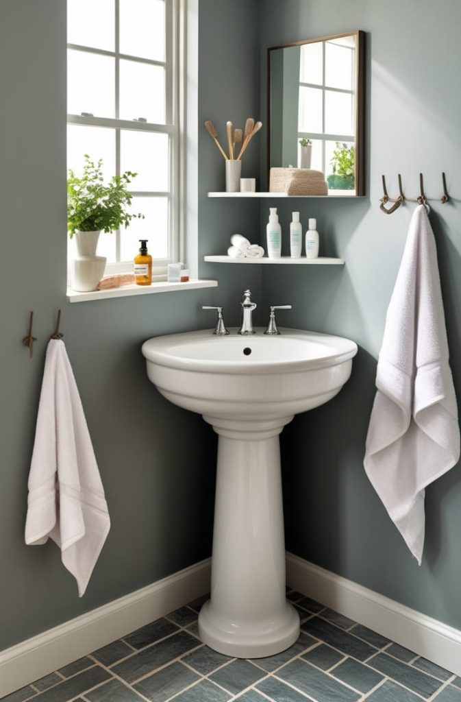 Pedestal Sink Storage with Decorative Baskets