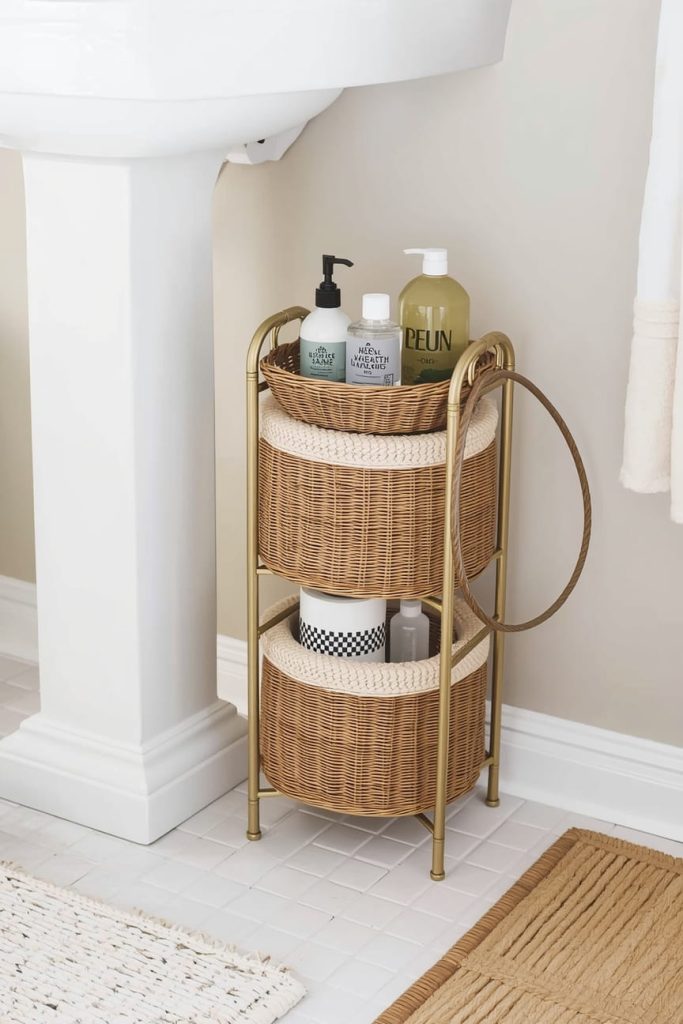 Pedestal Sink Storage with Tiered Countertop Trays