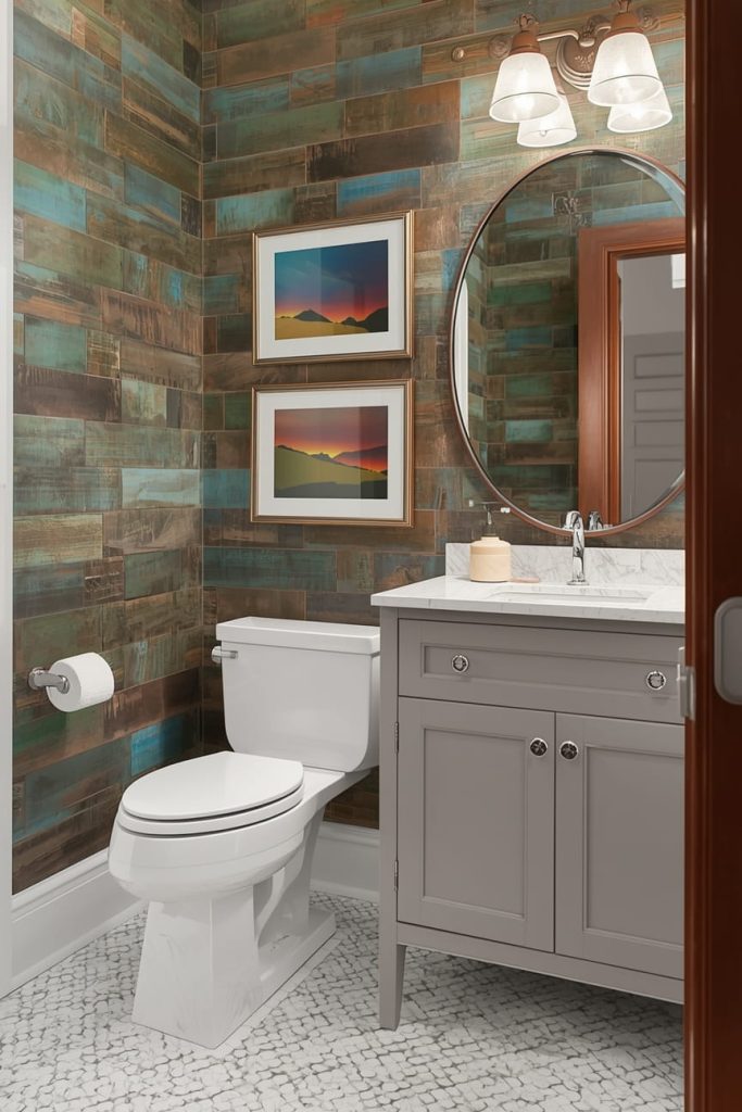 Spacious Half Bathroom Design with Statement Wallpaper